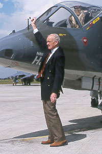 The Late Sir Ken Hayr with the aircraft he introduced into service, the Harrier GR1. Picture by Gary Parsons, Wittering 2000.